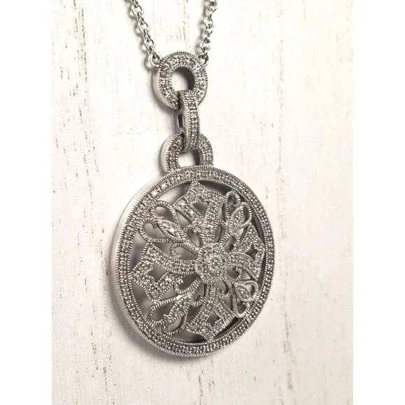 Vintage 925 Sterling Silver w Diamond Circle Cross Hearts Pendant Chain Necklace - Picture 14 of 16